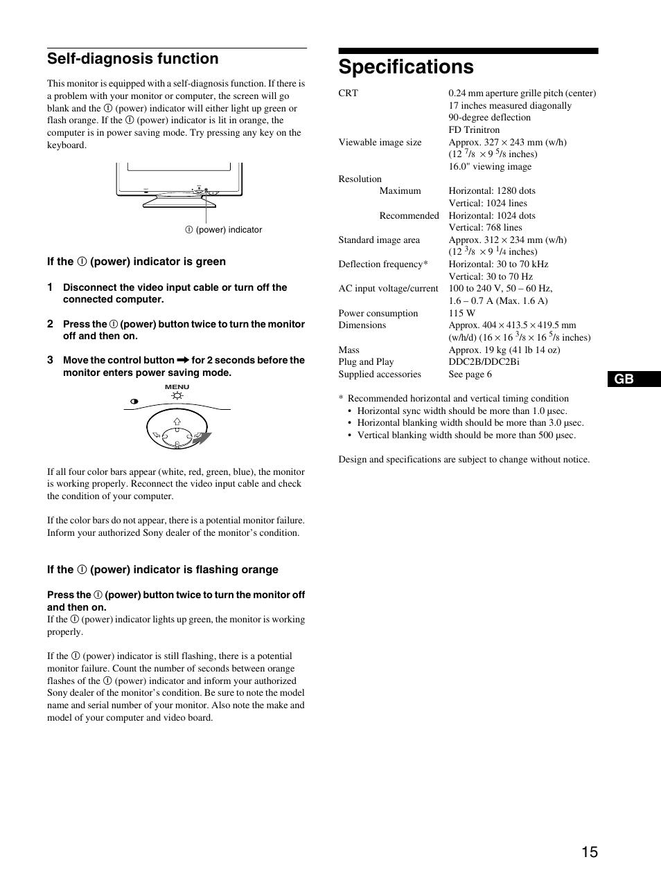 Self-diagnosis function, Specifications | Sony CPD-E215E User Manual | Page 15 / 116