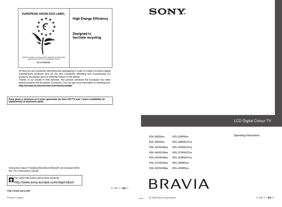 Sony BRAVIA KDL-32E55xx User Manual | 55 pages
