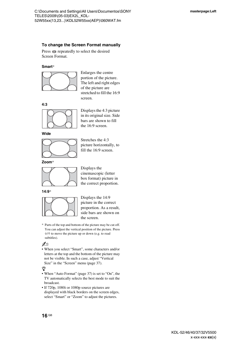 To change the screen format manually | Sony BRAVIA KDL-32E55xx User Manual | Page 16 / 55