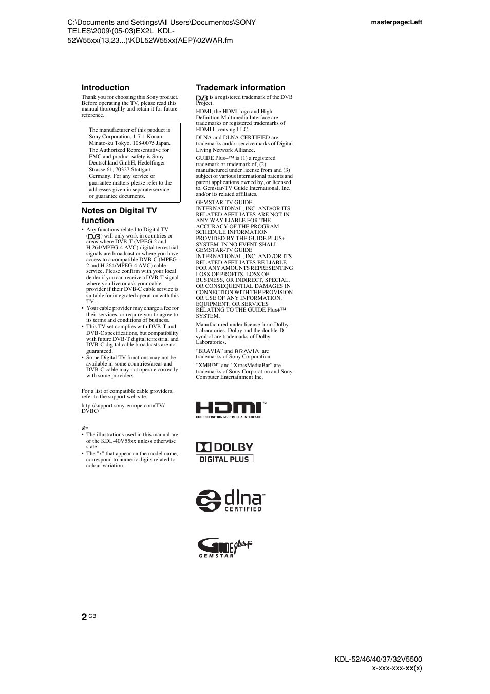 Introduction, Trademark information | Sony BRAVIA KDL-32E55xx User Manual | Page 2 / 55