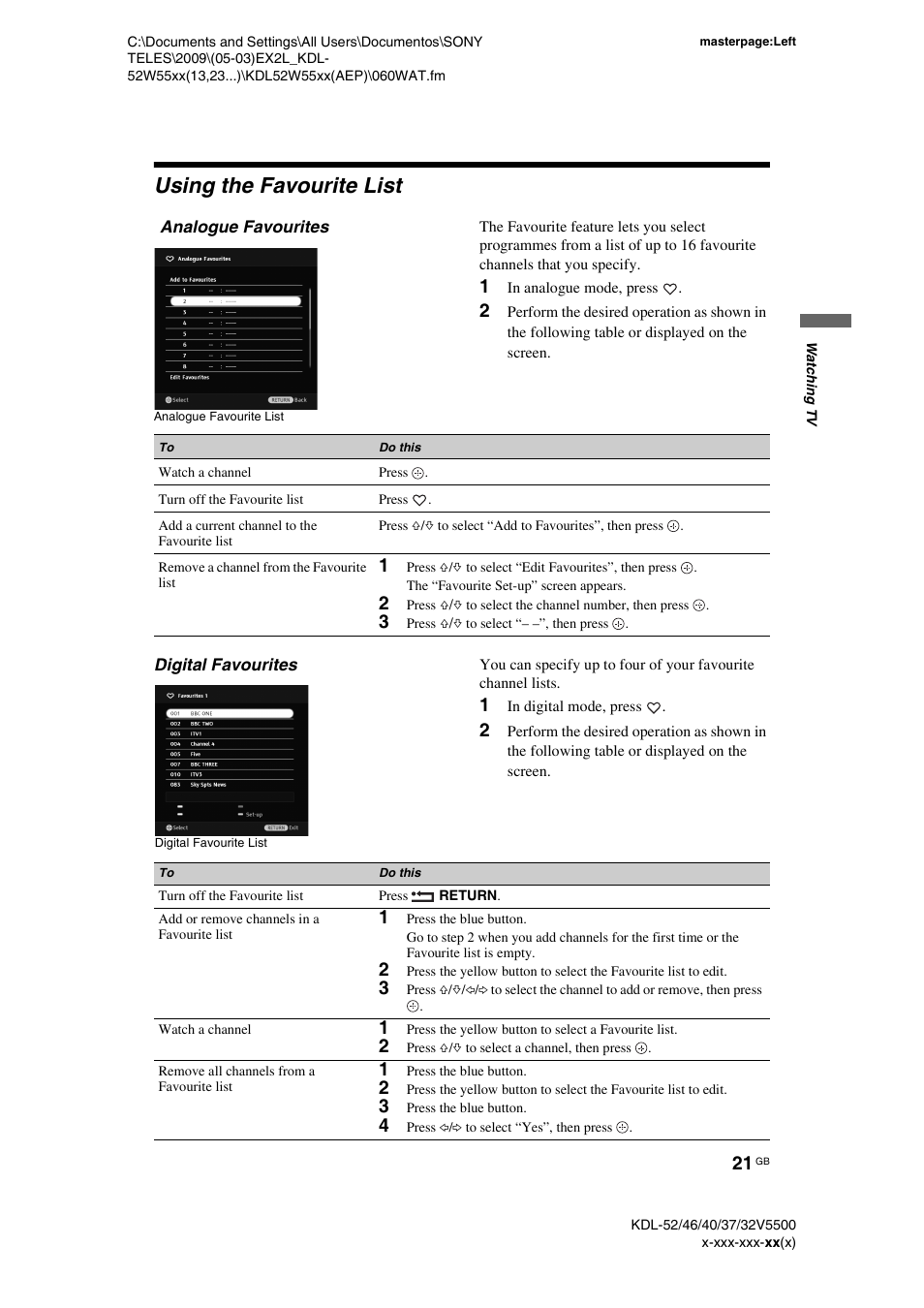 Using the favourite list, Analogue favourites, 1 in analogue mode, press | 3 press f/f to select “- -”, then press, Digital favourites, 1 in digital mode, press, 1 press the blue button, 2 press f/f to select a channel, then press, 3 press the blue button, 4 press g/g to select “yes”, then press | Sony BRAVIA KDL-32E55xx User Manual | Page 21 / 55