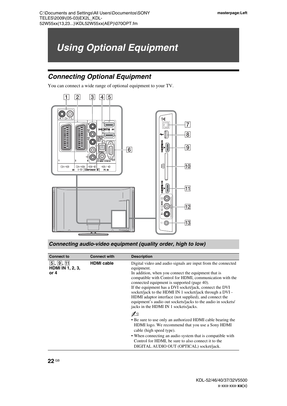 Using optional equipment, Connecting optional equipment | Sony BRAVIA KDL-32E55xx User Manual | Page 22 / 55