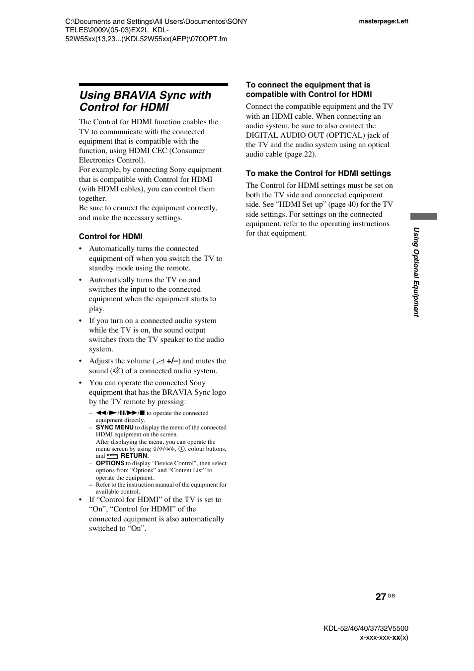 Using bravia sync with control for hdmi, Control for hdmi, To make the control for hdmi settings | Sony BRAVIA KDL-32E55xx User Manual | Page 27 / 55