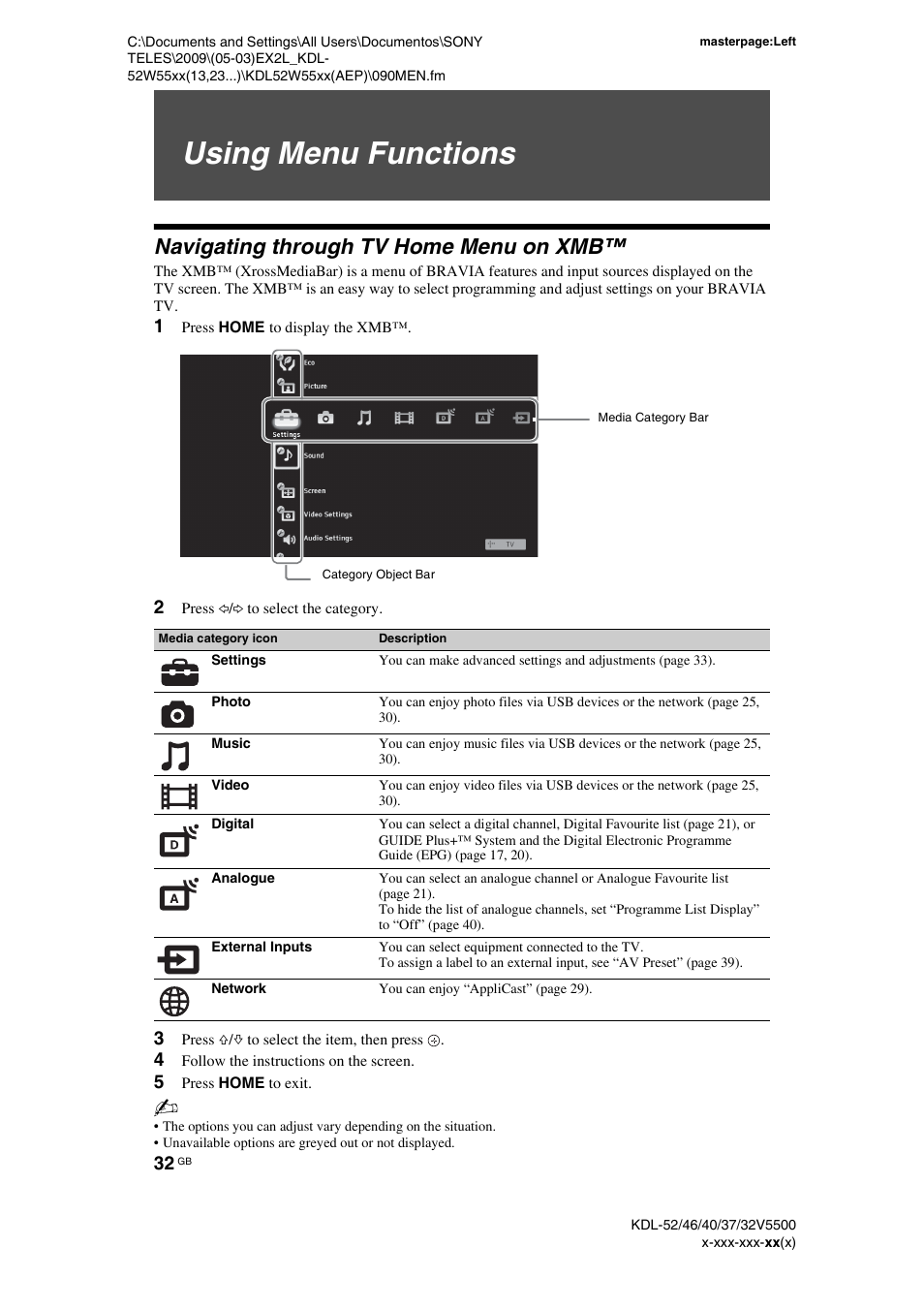 Using menu functions, Navigating through tv home menu on xmb, 1 press home to display the xmb | 2 press g/g to select the category, 3 press f/f to select the item, then press, 4 follow the instructions on the screen, 5 press home to exit | Sony BRAVIA KDL-32E55xx User Manual | Page 32 / 55