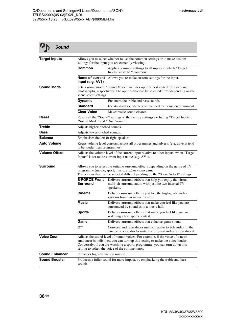 Sound | Sony BRAVIA KDL-32E55xx User Manual | Page 36 / 55