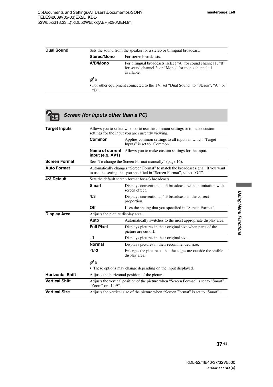 Screen (for inputs other than a pc) | Sony BRAVIA KDL-32E55xx User Manual | Page 37 / 55