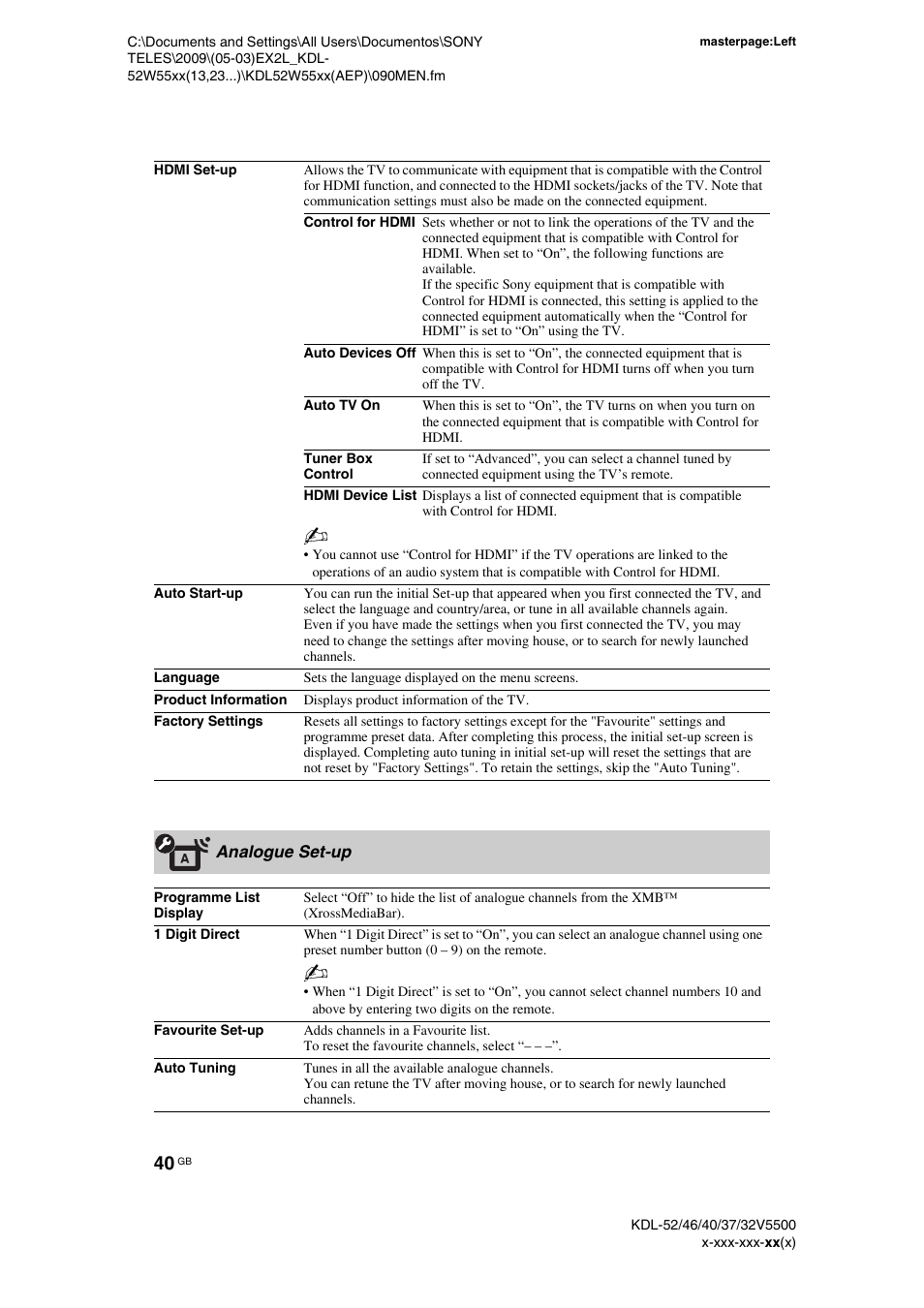 Analogue set-up | Sony BRAVIA KDL-32E55xx User Manual | Page 40 / 55