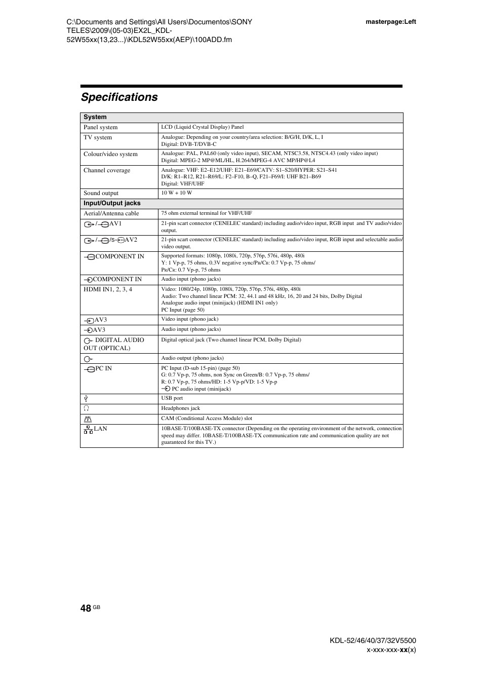 Specifications | Sony BRAVIA KDL-32E55xx User Manual | Page 48 / 55