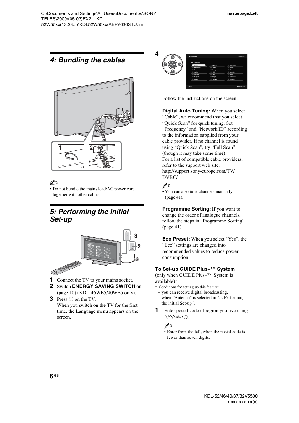 Bundling the cables, Performing the initial set-up, To set-up guide plus+™ system | Sony BRAVIA KDL-32E55xx User Manual | Page 6 / 55