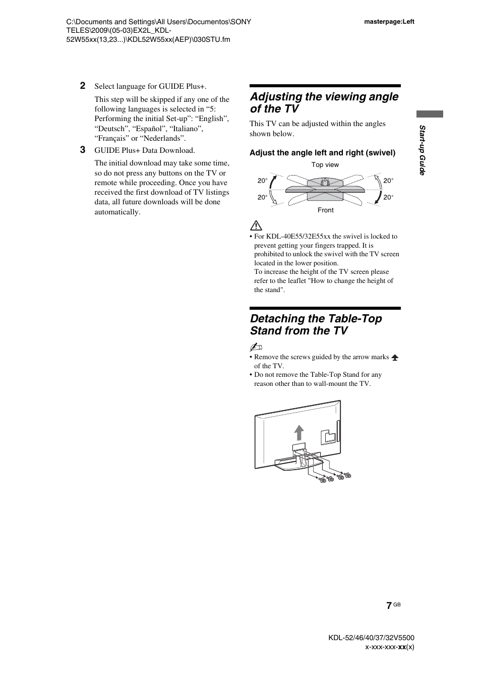 Adjusting the viewing angle of the tv, Adjust the angle left and right (swivel), Detaching the table-top stand from the tv | Sony BRAVIA KDL-32E55xx User Manual | Page 7 / 55