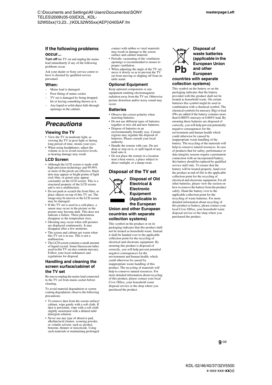 Precautions | Sony BRAVIA KDL-32E55xx User Manual | Page 9 / 55