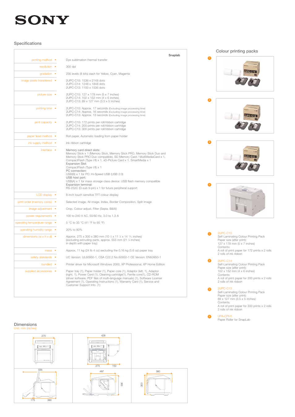 Colour printing packs specifications dimensions | Sony UP-CR10L User Manual | Page 9 / 10