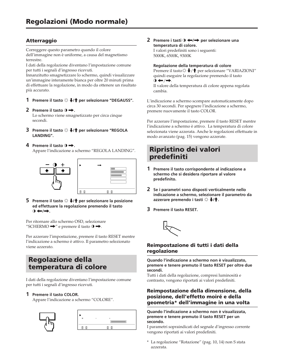 Regolazioni (modo normale), Regolazione della temperatura di colore, Ripristino dei valori predefiniti | Sony GDM-W900 User Manual | Page 102 / 110