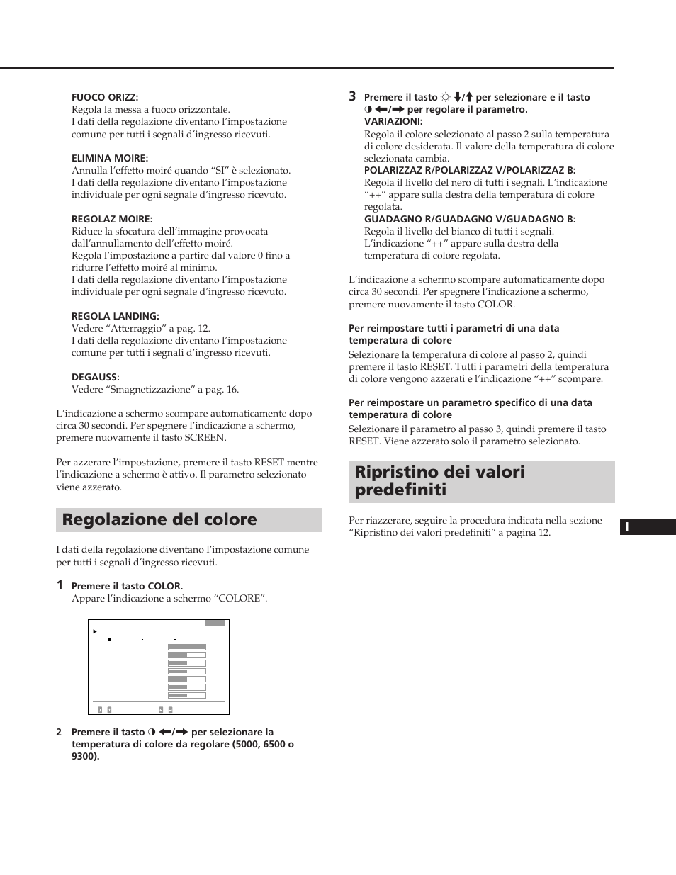 Regolazione del colore, Ripristino dei valori predefiniti | Sony GDM-W900 User Manual | Page 105 / 110