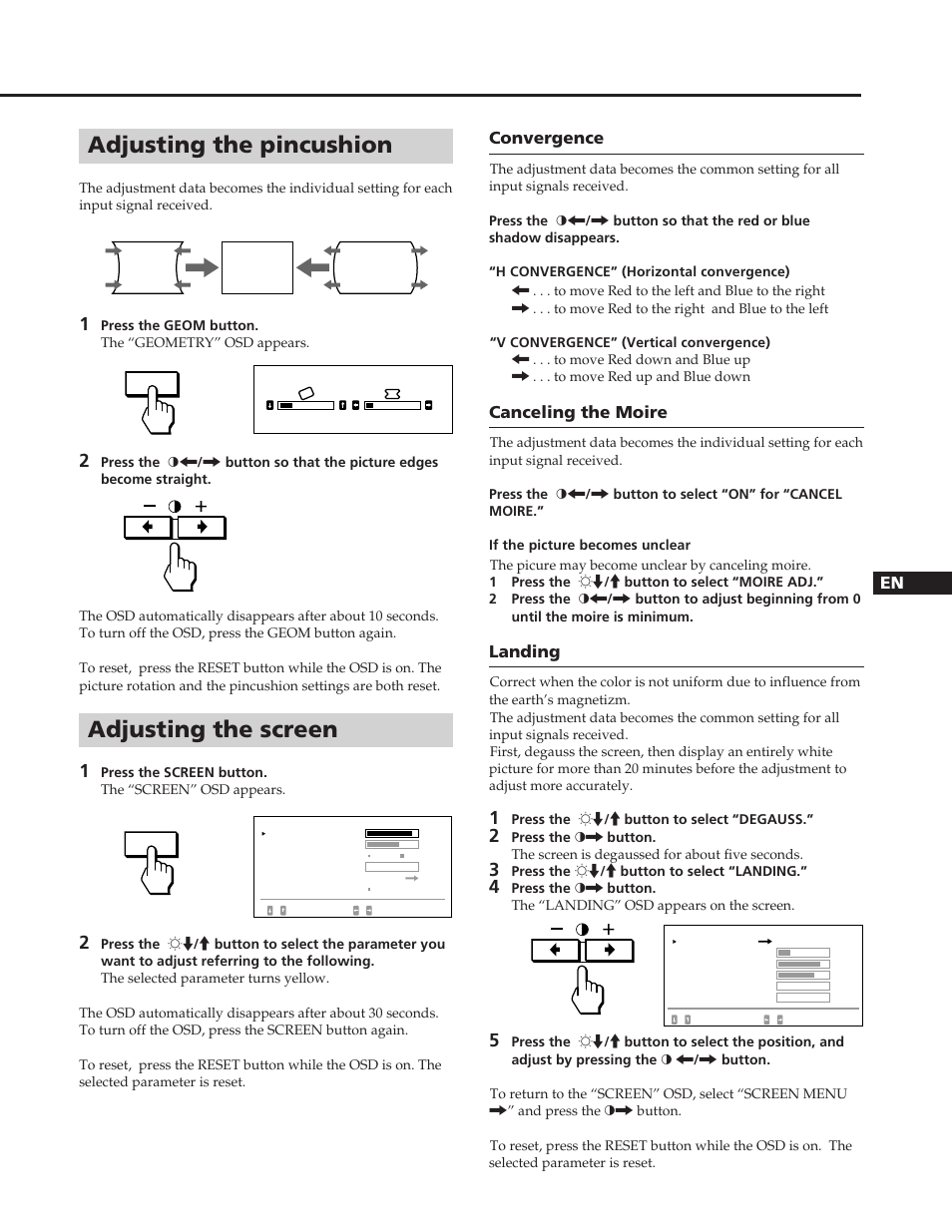 Adjusting the pincushion, Adjusting the screen | Sony GDM-W900 User Manual | Page 11 / 110