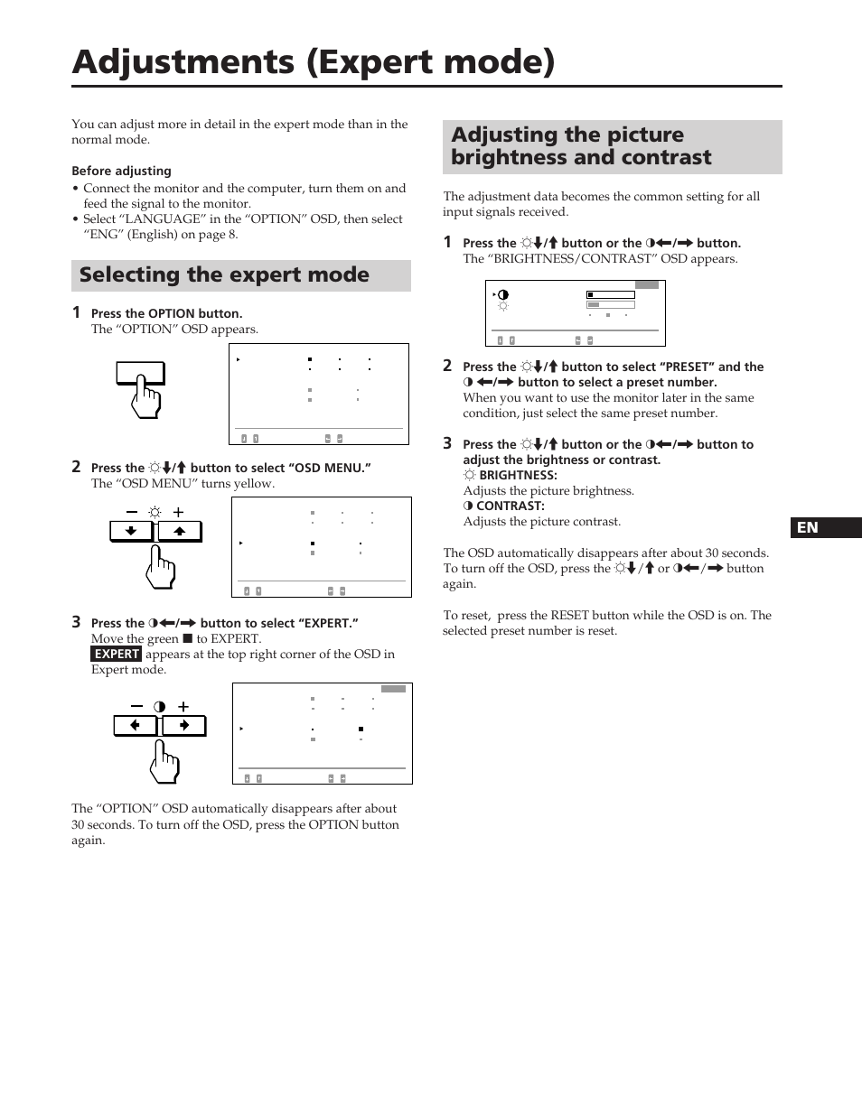 Adjustments (expert mode), Adjusting the picture brightness and contrast, Selecting the expert mode | En f d es i j | Sony GDM-W900 User Manual | Page 13 / 110