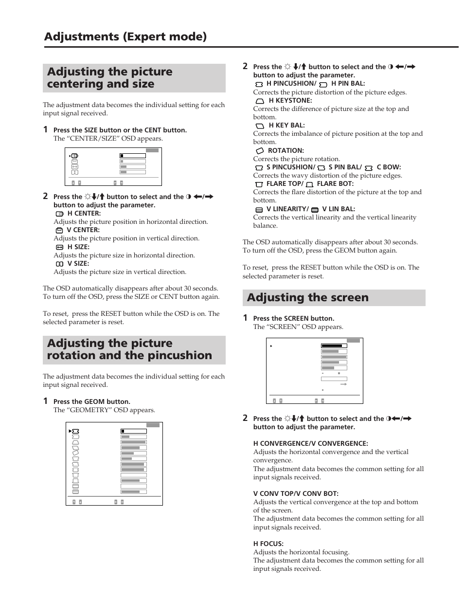 Adjusting the picture centering and size, Adjusting the picture rotation and the pincushion, Adjusting the screen | Adjustments (expert mode) | Sony GDM-W900 User Manual | Page 14 / 110