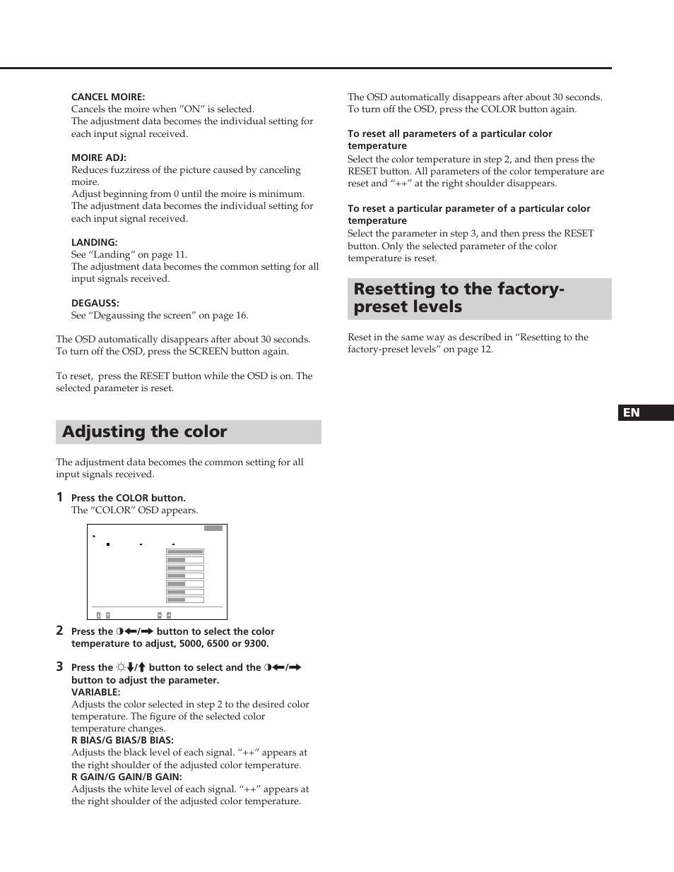 Adjusting the color, Resetting to the factory- preset levels | Sony GDM-W900 User Manual | Page 15 / 110