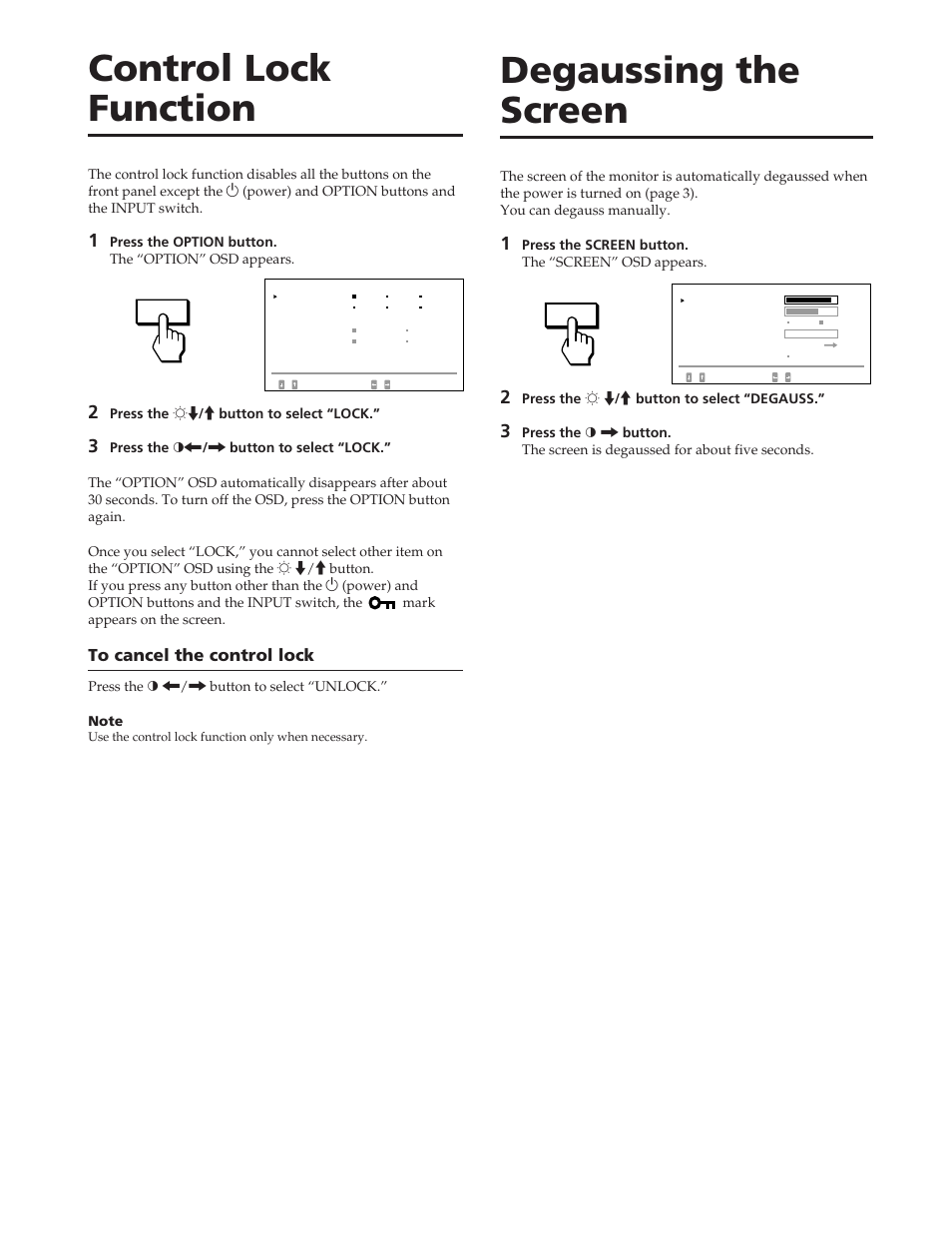Control lock function, Degaussing the screen | Sony GDM-W900 User Manual | Page 16 / 110
