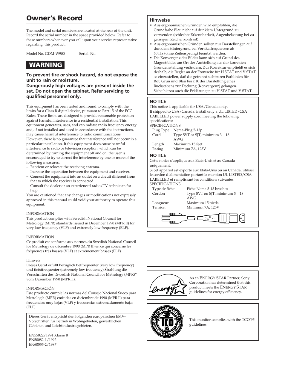 Owner’s record, Warning | Sony GDM-W900 User Manual | Page 2 / 110