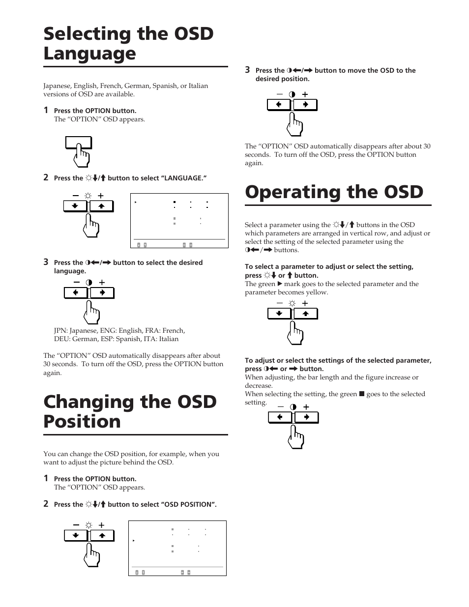 Selecting the osd language, Changing the osd position, Operating the osd | Sony GDM-W900 User Manual | Page 26 / 110