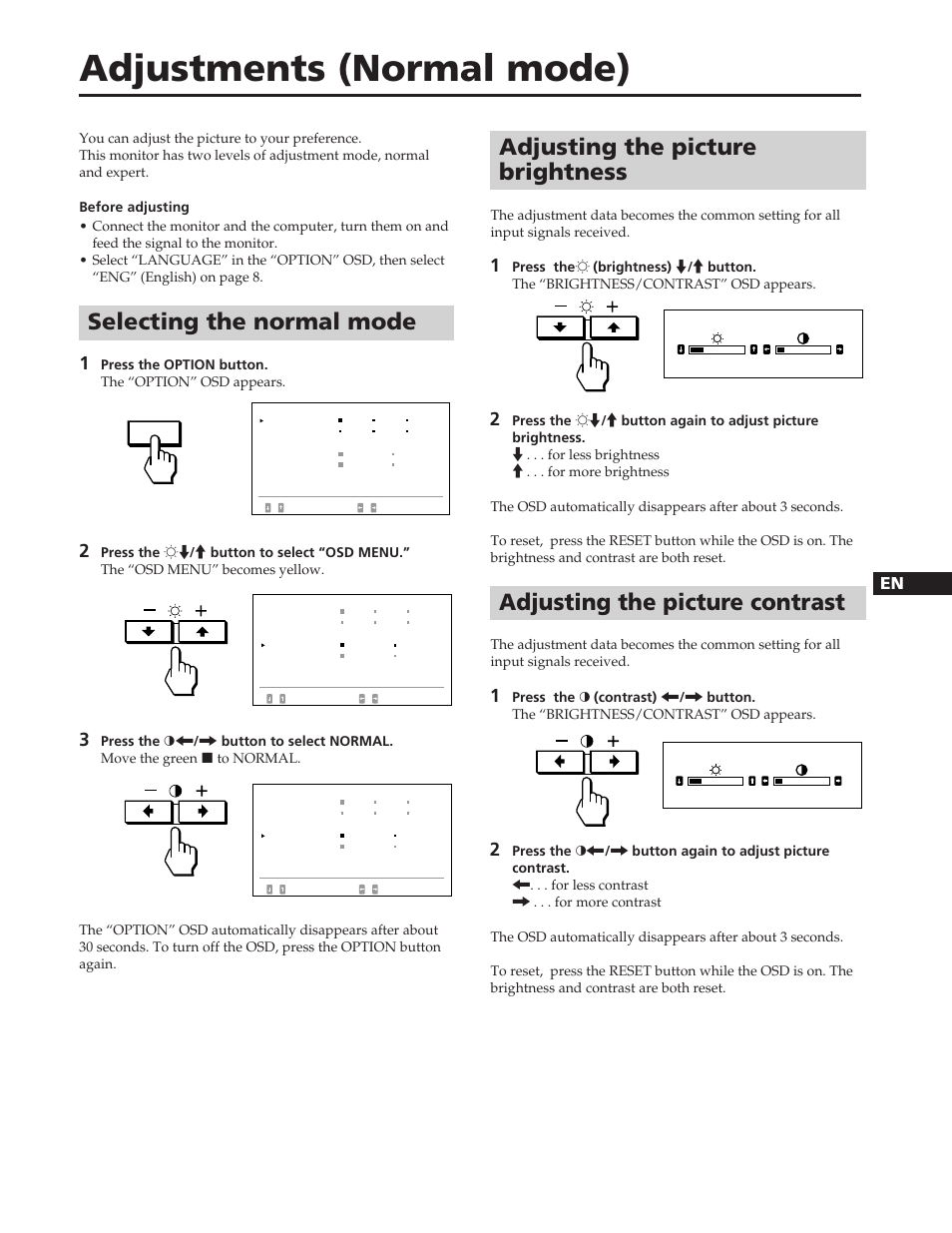 Adjustments (normal mode), Selecting the normal mode, Adjusting the picture brightness | Adjusting the picture contrast, En f d es i j | Sony GDM-W900 User Manual | Page 27 / 110