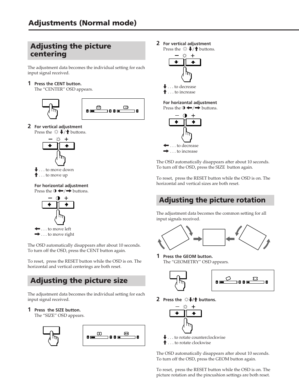 Adjusting the picture rotation, Adjusting the picture centering, Adjusting the picture size | Adjustments (normal mode) | Sony GDM-W900 User Manual | Page 28 / 110