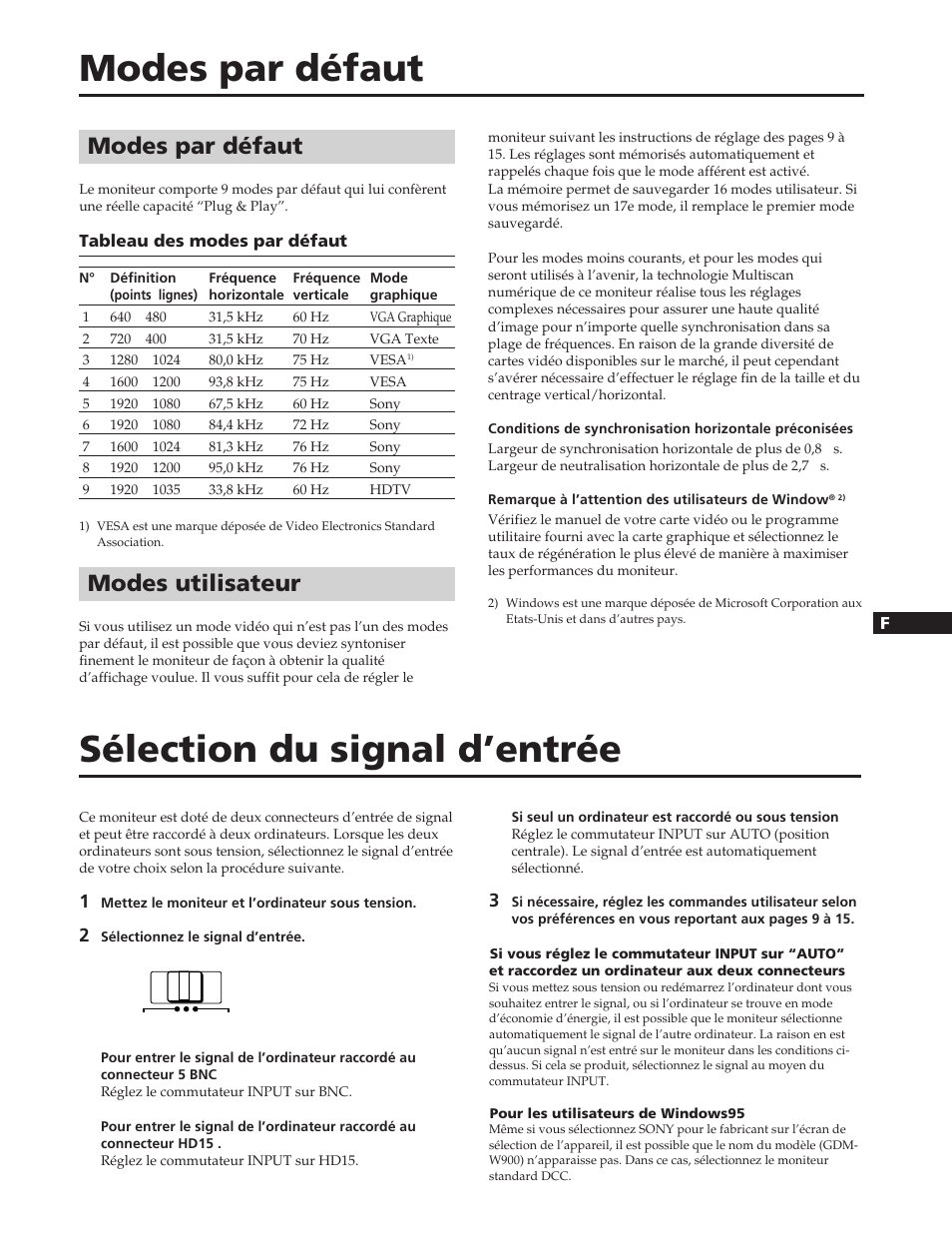 Modes par défaut, Sélection du signal d’entrée, Modes utilisateur | Sony GDM-W900 User Manual | Page 41 / 110