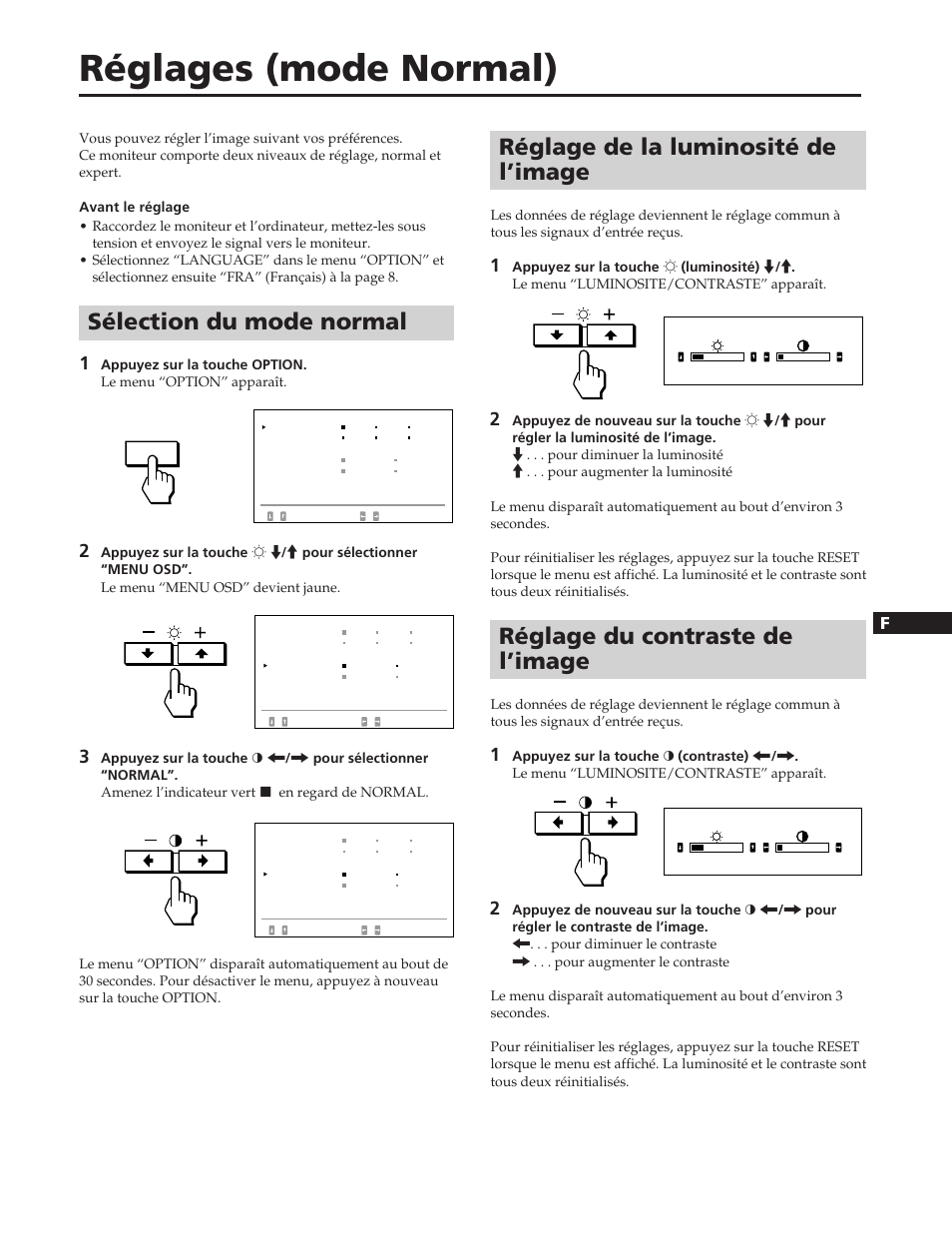 Réglages (mode normal), Sélection du mode normal, Réglage de la luminosité de l’image | Réglage du contraste de l’image, En f d es i j | Sony GDM-W900 User Manual | Page 45 / 110