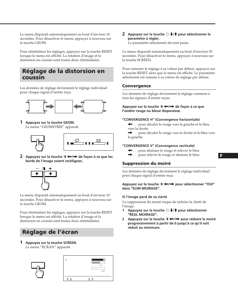 Réglage de la distorsion en coussin, Réglage de l’écran | Sony GDM-W900 User Manual | Page 47 / 110