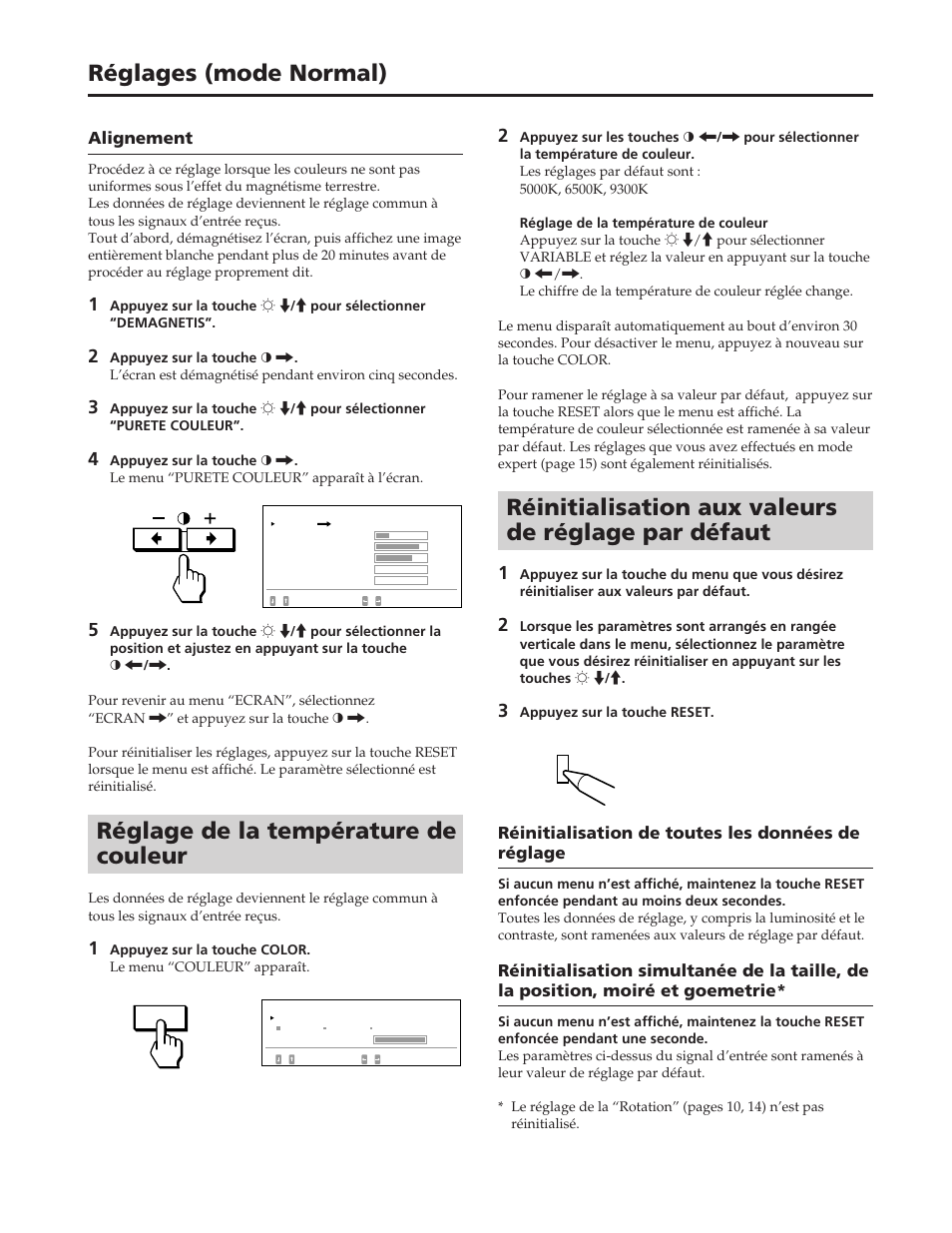 Réglages (mode normal), Réglage de la température de couleur, Réinitialisation aux valeurs de réglage par défaut | Sony GDM-W900 User Manual | Page 48 / 110