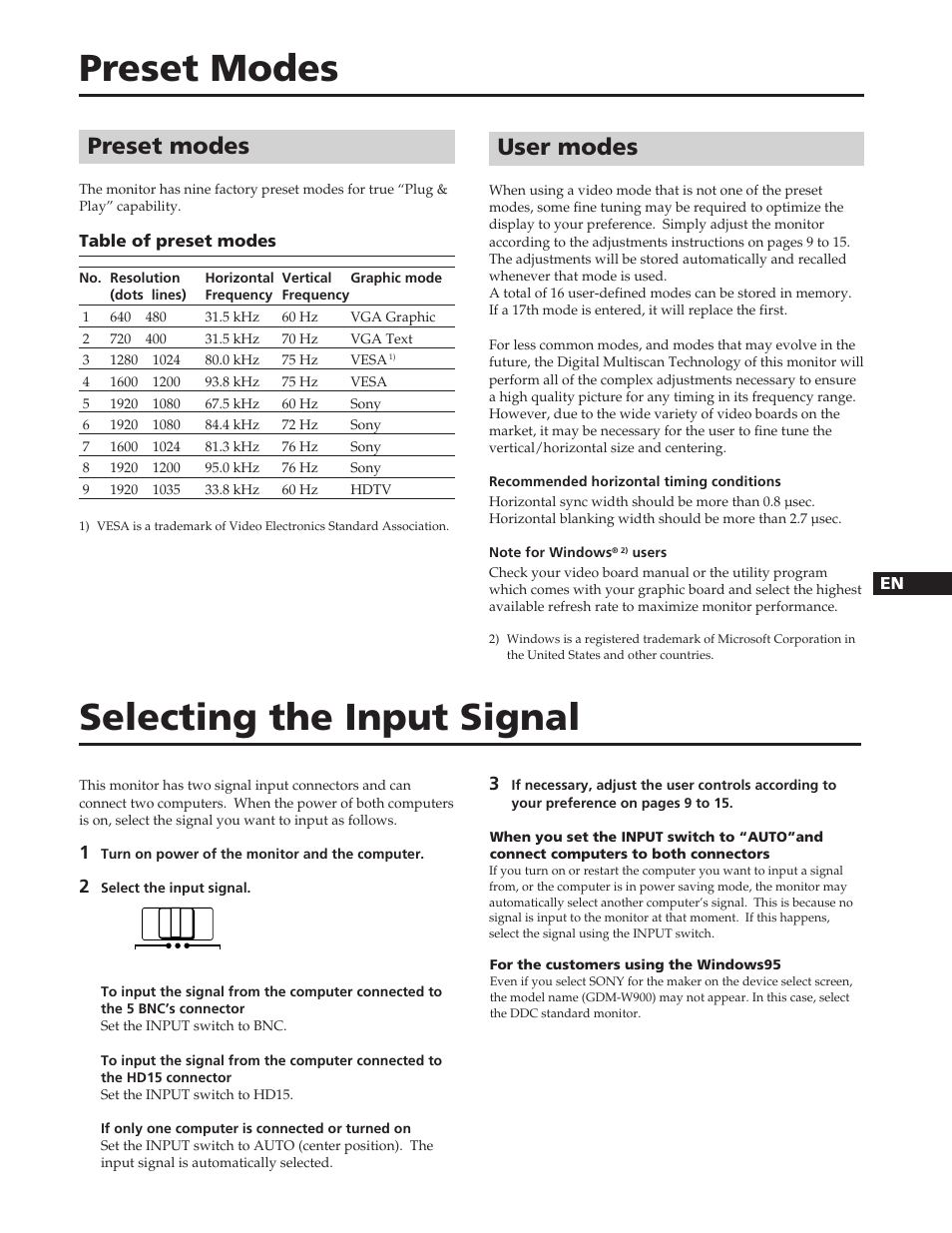 Preset modes, Selecting the input signal, User modes | Sony GDM-W900 User Manual | Page 5 / 110