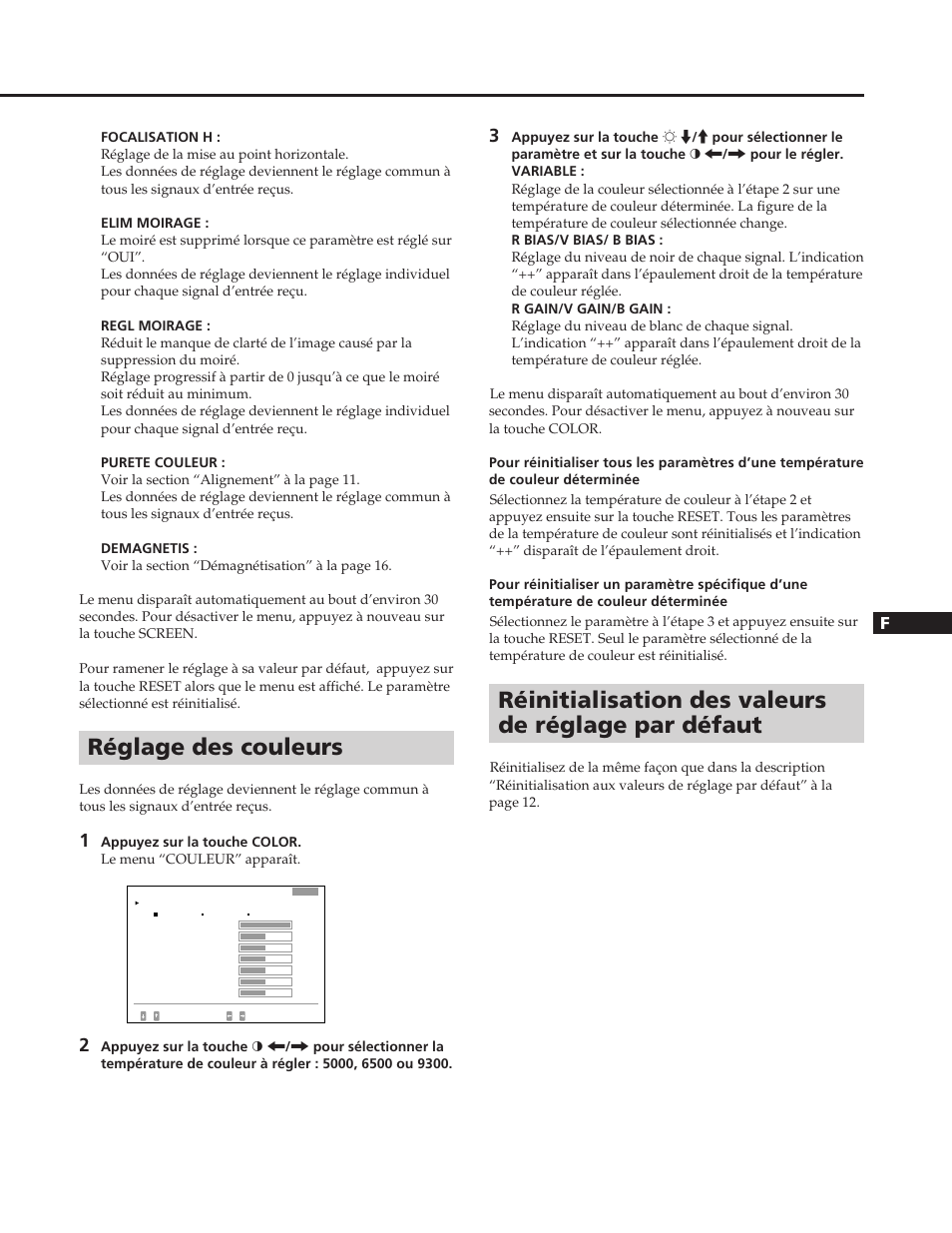 Réinitialisation des valeurs de réglage par défaut, Réglage des couleurs | Sony GDM-W900 User Manual | Page 51 / 110