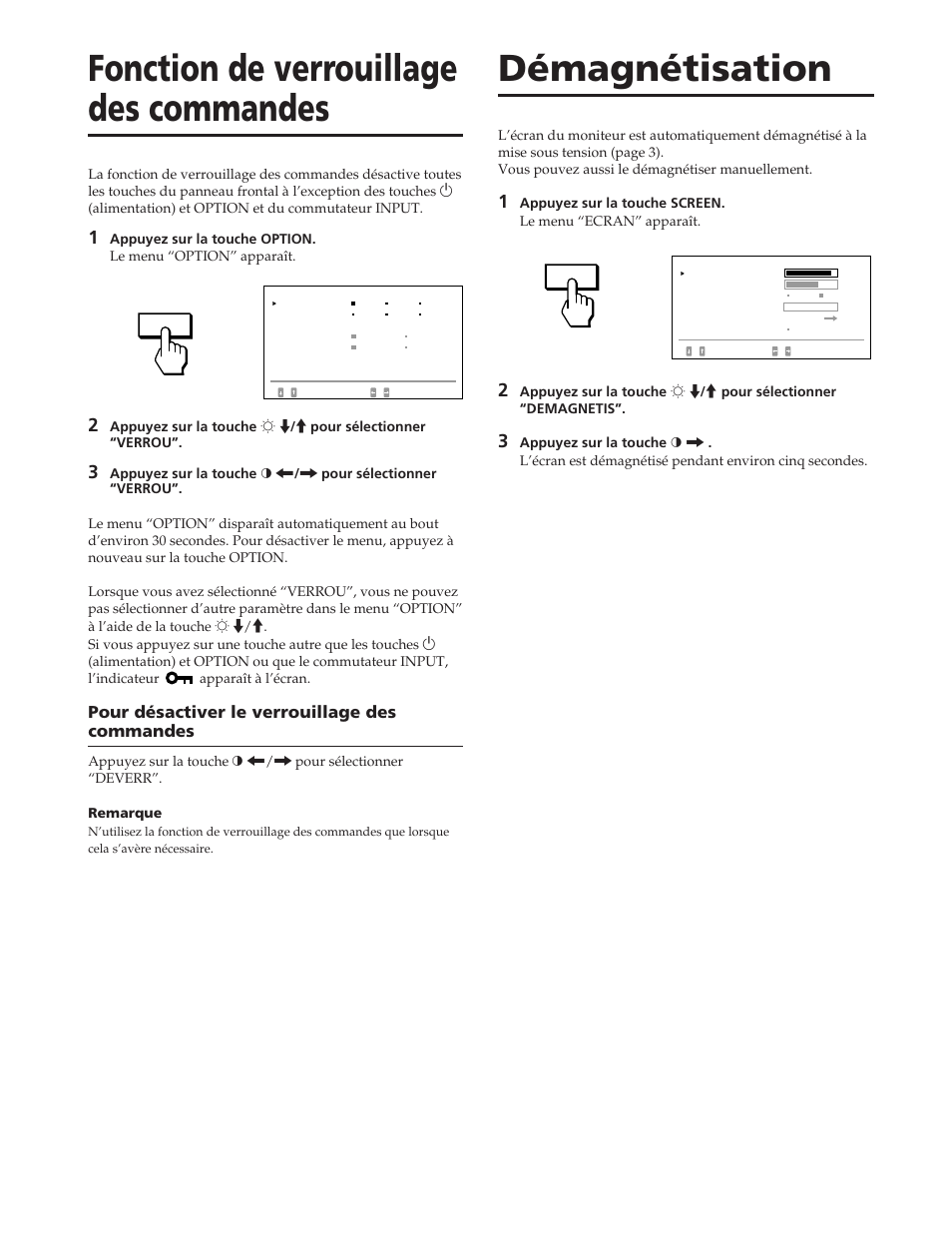 Fonction de verrouillage des commandes, Démagnétisation | Sony GDM-W900 User Manual | Page 52 / 110