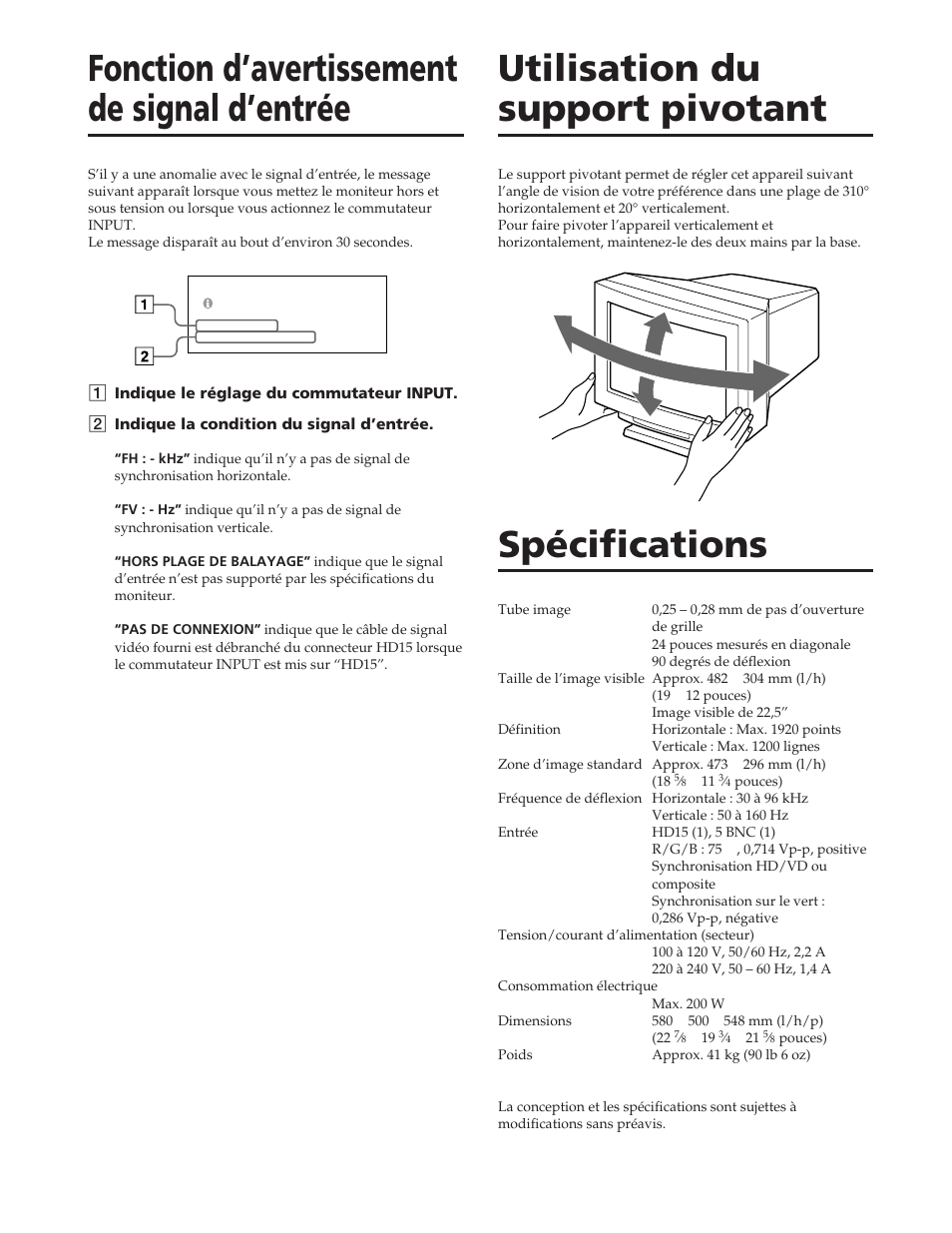 Fonction d’avertissement de signal d’entrée, Utilisation du support pivotant, Spécifications | Sony GDM-W900 User Manual | Page 54 / 110