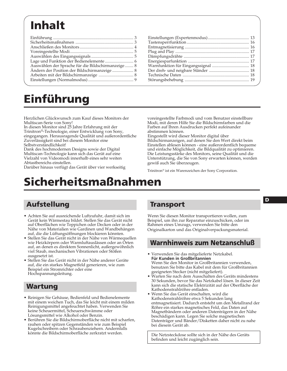 Inhalt, Einführung, Sicherheitsmaßnahmen | Aufstellung, Wartung, Transport, Warnhinweis zum netzanschluß | Sony GDM-W900 User Manual | Page 57 / 110
