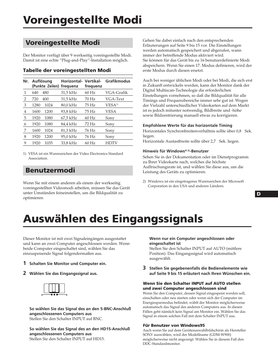 Voreingestellte modi, Auswählen des eingangssignals, Benutzermodi | Sony GDM-W900 User Manual | Page 59 / 110