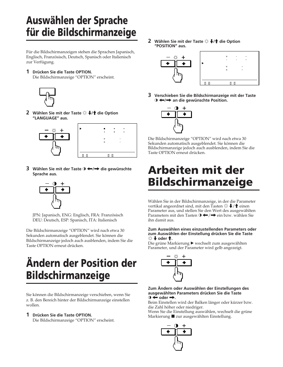 Auswählen der sprache für die bildschirmanzeige, Ändern der position der bildschirmanzeige, Arbeiten mit der bildschirmanzeige | Sony GDM-W900 User Manual | Page 62 / 110