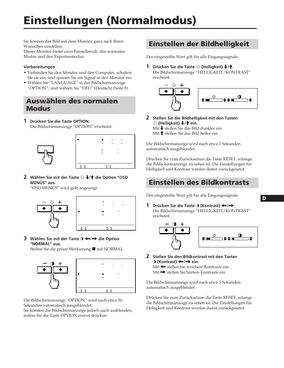 Einstellungen (normalmodus), Auswählen des normalen modus, Einstellen der bildhelligkeit | Einstellen des bildkontrasts, En f d es i j | Sony GDM-W900 User Manual | Page 63 / 110
