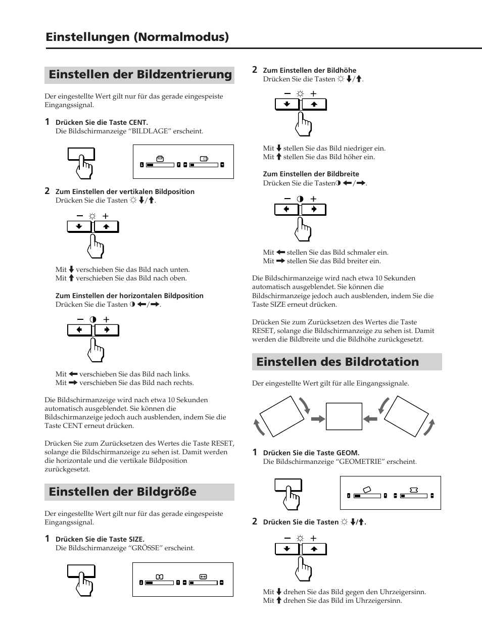 Einstellungen (normalmodus), Einstellen des bildrotation, Einstellen der bildzentrierung | Einstellen der bildgröße | Sony GDM-W900 User Manual | Page 64 / 110