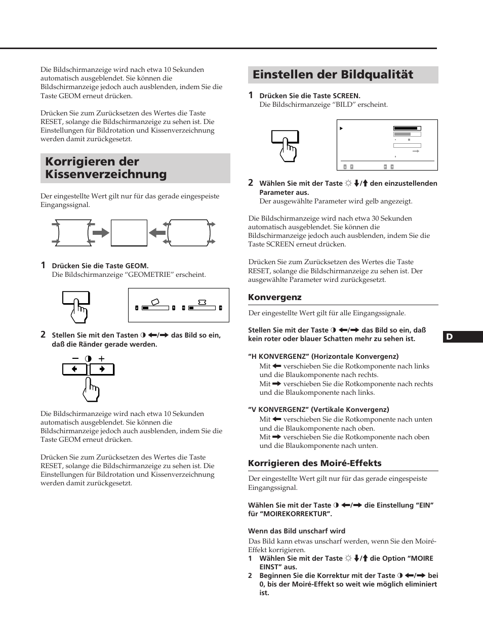 Korrigieren der kissenverzeichnung, Einstellen der bildqualität | Sony GDM-W900 User Manual | Page 65 / 110
