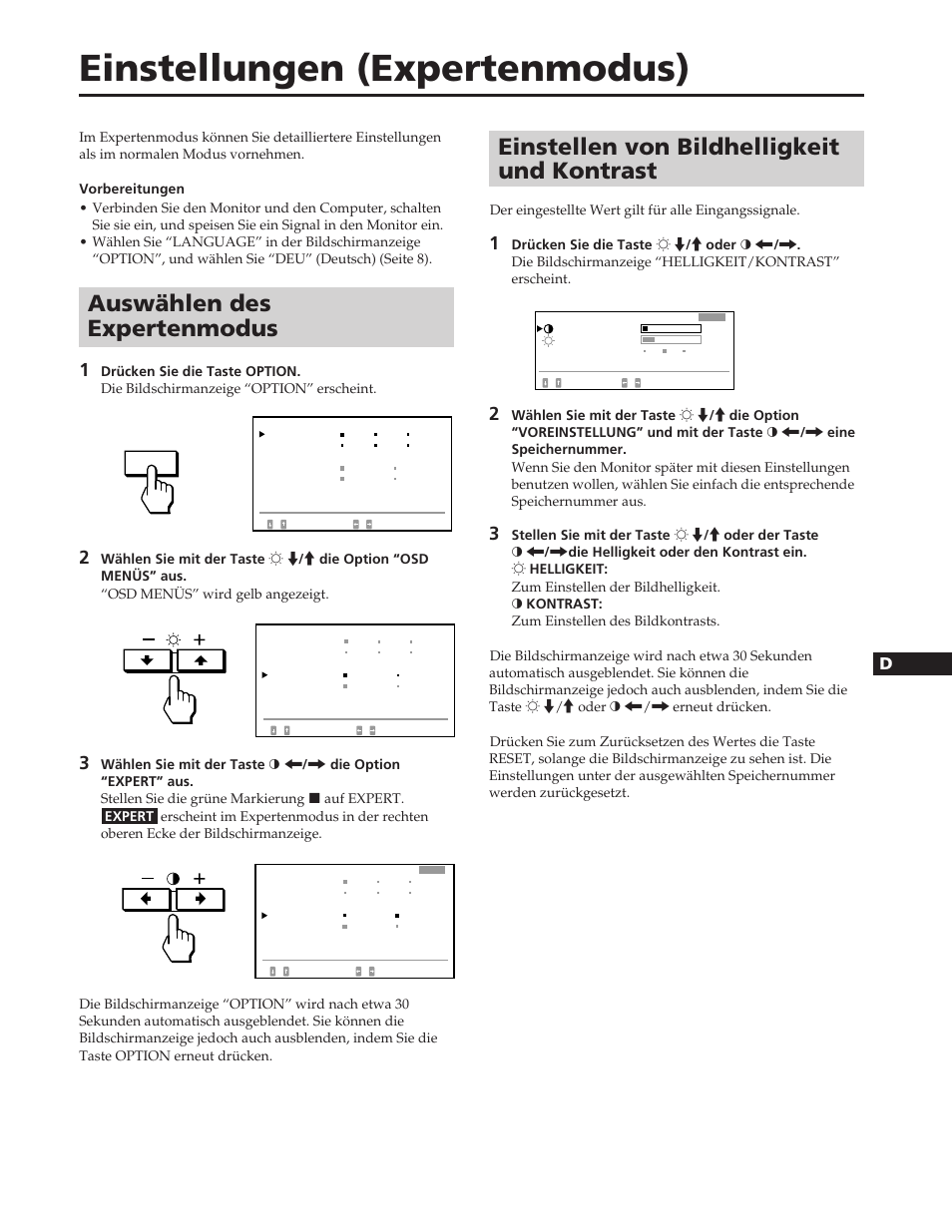 Einstellungen (expertenmodus), Auswählen des expertenmodus, Einstellen von bildhelligkeit und kontrast | En f d es i j | Sony GDM-W900 User Manual | Page 67 / 110