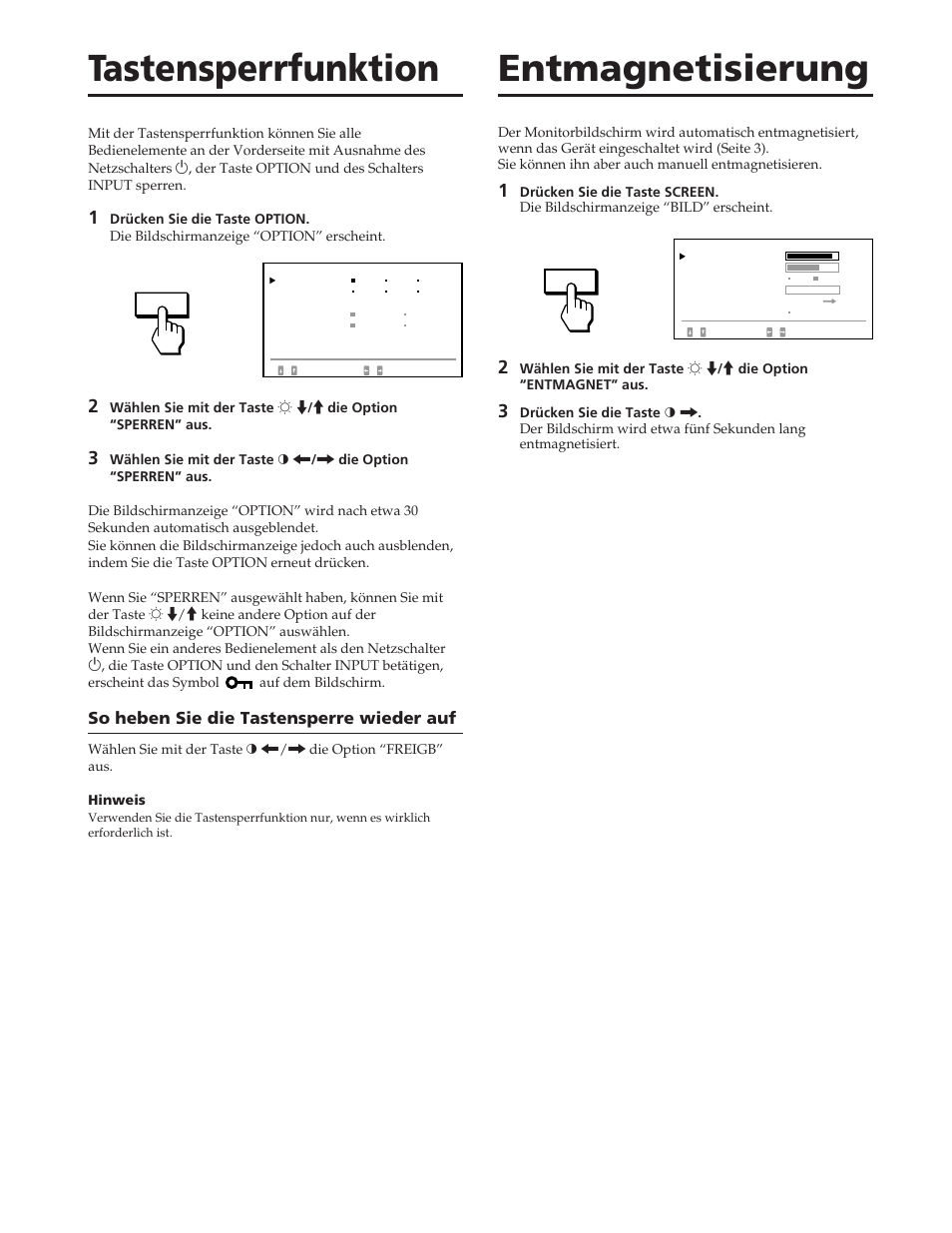 Tastensperrfunktion, Entmagnetisierung | Sony GDM-W900 User Manual | Page 70 / 110