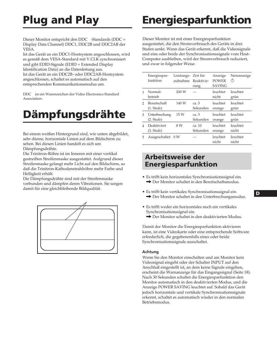 Plug and play, Dämpfungsdrähte, Energiesparfunktion | Arbeitsweise der energiesparfunktion | Sony GDM-W900 User Manual | Page 71 / 110