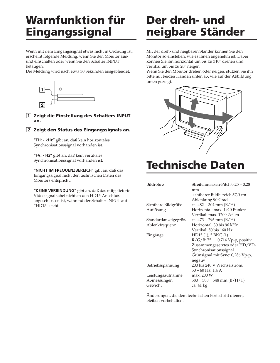 Der dreh- und neigbare ständer, Technische daten, Warnfunktion für eingangssignal | Sony GDM-W900 User Manual | Page 72 / 110
