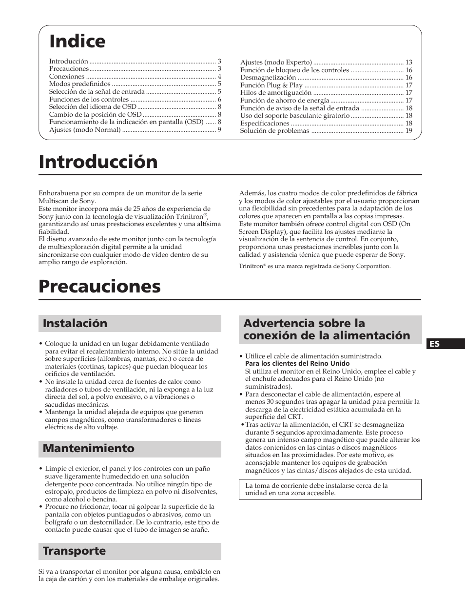 Indice, Introducción, Precauciones | Instalación, Mantenimiento, Transporte, Advertencia sobre la conexión de la alimentación | Sony GDM-W900 User Manual | Page 75 / 110