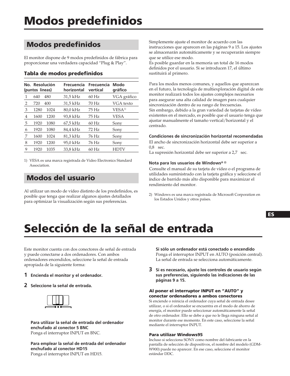 Modos predefinidos, Selección de la señal de entrada, Modos del usuario | Sony GDM-W900 User Manual | Page 77 / 110