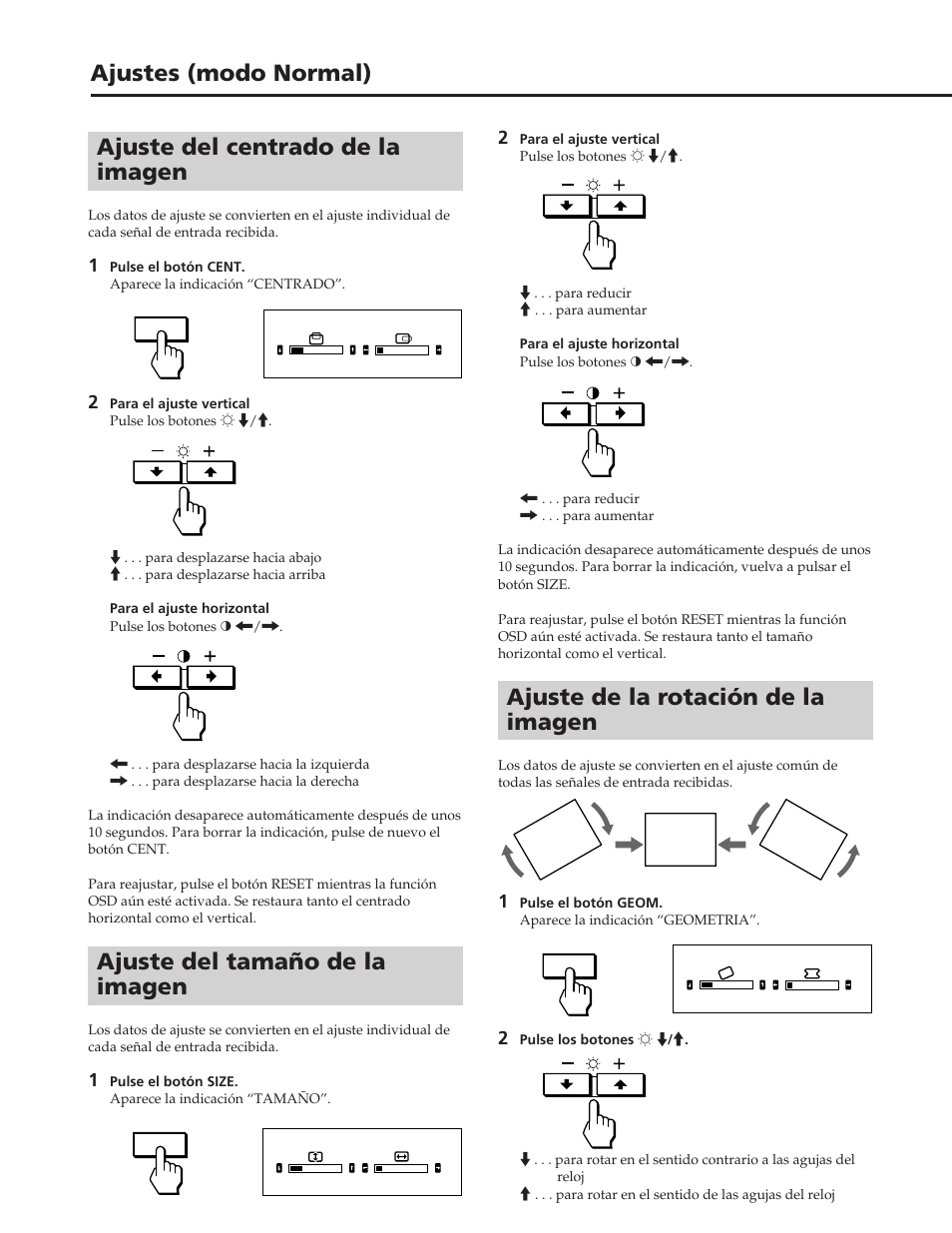 Ajustes (modo normal), Ajuste de la rotación de la imagen, Ajuste del centrado de la imagen | Ajuste del tamaño de la imagen | Sony GDM-W900 User Manual | Page 82 / 110