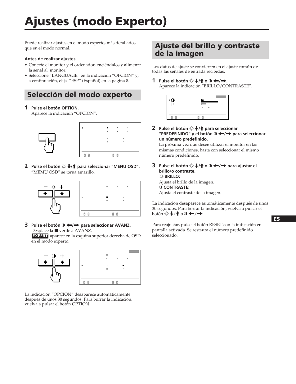 Ajustes (modo experto), Selección del modo experto, Ajuste del brillo y contraste de la imagen | En f d es i j | Sony GDM-W900 User Manual | Page 85 / 110