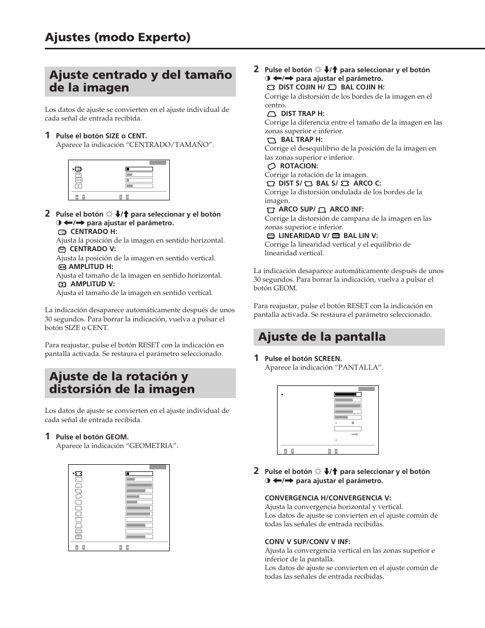 Ajuste de la rotación y distorsión de la imagen, Ajuste de la pantalla | Sony GDM-W900 User Manual | Page 86 / 110